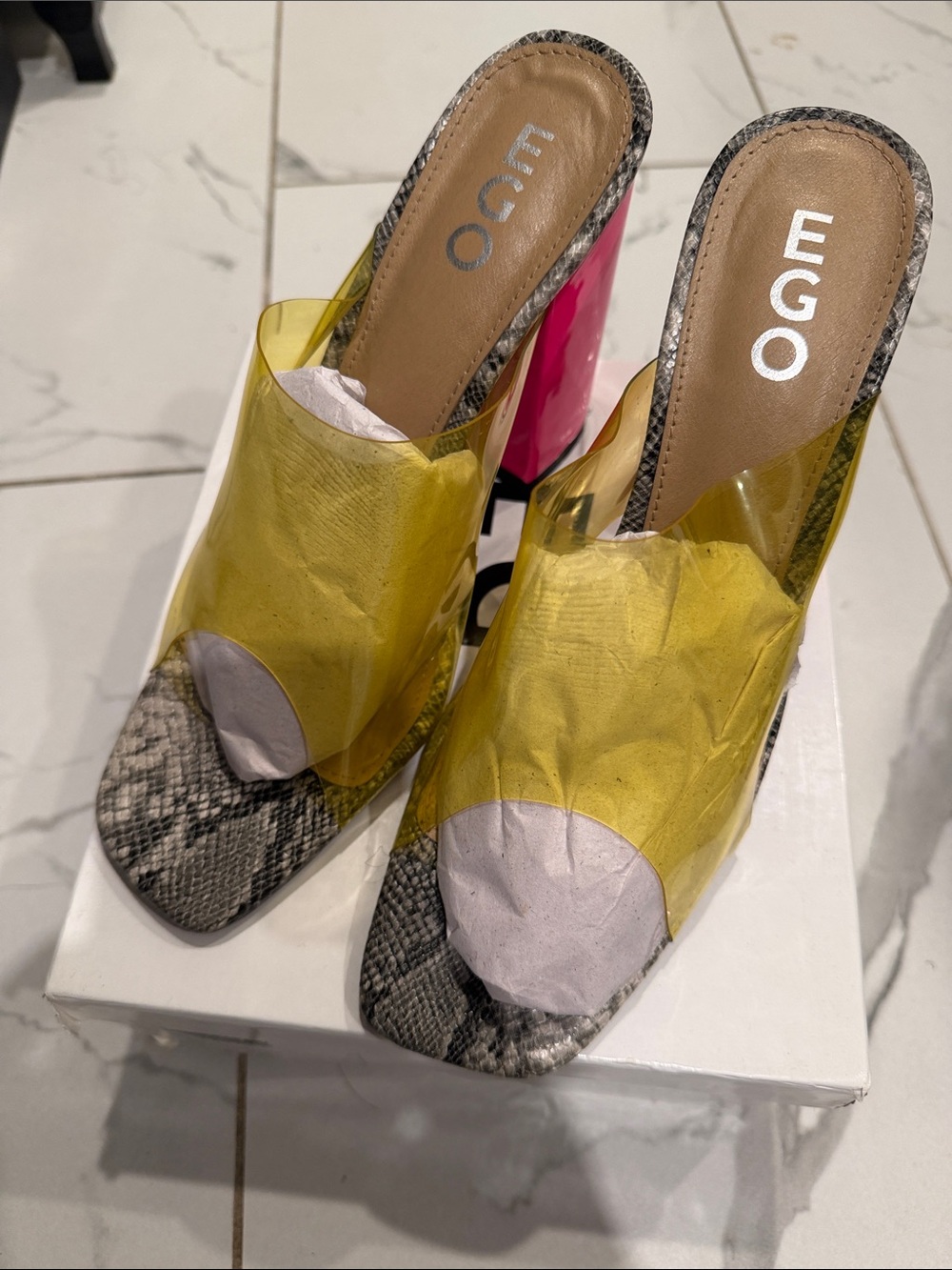 EGO Yellow PVC Mule with Pink Block Heel and Snakeskin Insole